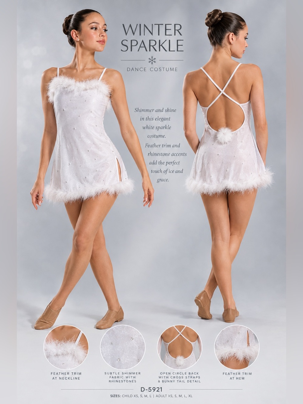 White Winter Sparkle Feather-Trim Dance Dress from Art Stone size Adult Medium